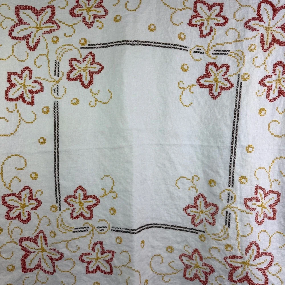 Vintage Hand Embroidered Linen Tablecloth Square Cross Stitch Floral 31.5 x 30.5